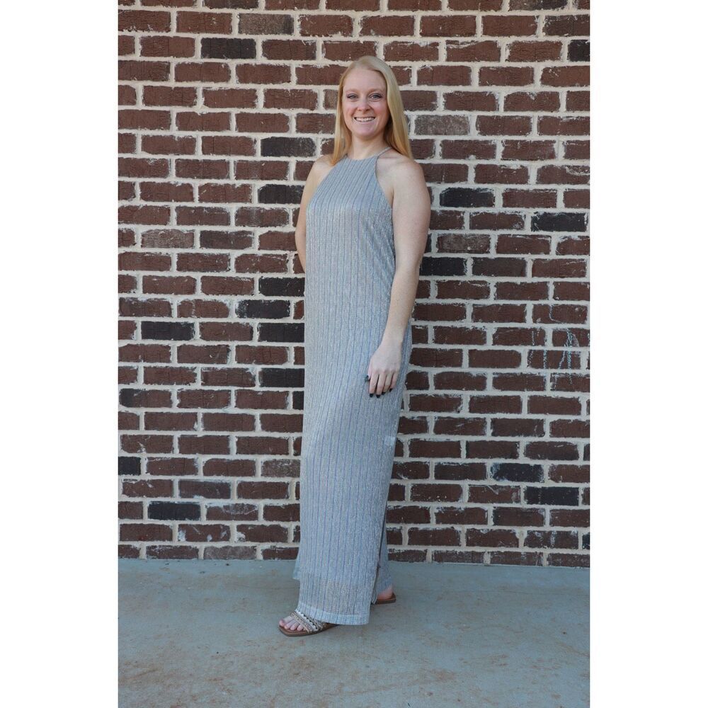NWT Krisa x Revolve Metallic Striped Silver Maxi Dress Size XS